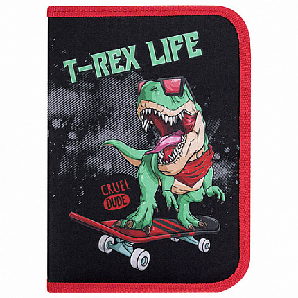 Пенал ПИФАГОР, 1 отделение 2 откидные планки, полиэстер, 20х14 см, "T-Rex Life", 271513