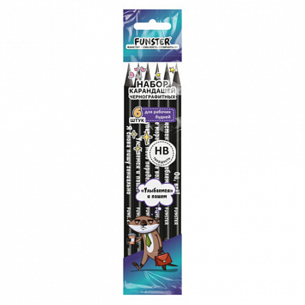 Набор карандашей чернографитных c забавной надписью FUNSTER (ФАНСТЕР) FUNNY NOTES BLK, 6 штук, HB, с ластиком, 182039