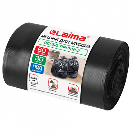 Мешки для мусора 60 л, черные, в рулоне 30 штук, особо прочные, ПВД 30 мкм, 58x68 см, LAIMA, 702658