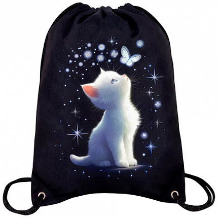 Мешок для обуви BRAUBERG PREMIUM, карман, подкладка, светоотражайка, 43х33 см, "White kitten", 274646