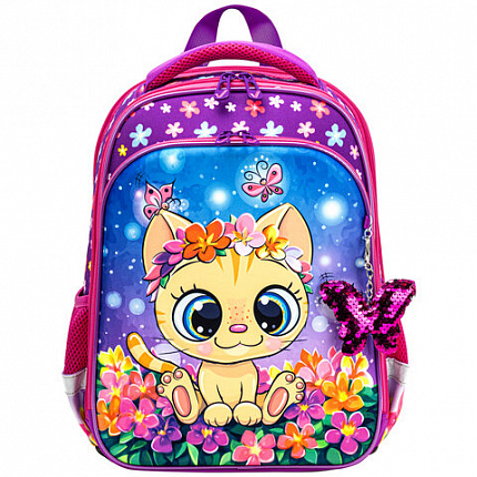 Ранец BRAUBERG QUADRO, 3 отделения, с брелком, "Charming kitten", 37х28х18 см, 270602