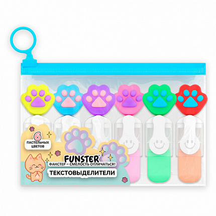 Набор текстовыделителей с топперами 6 ЦВЕТОВ ПАСТЕЛЬ, "ЛАПКИ", линия 1-4 мм, FUNSTER (ФАНСТЕР), 152650