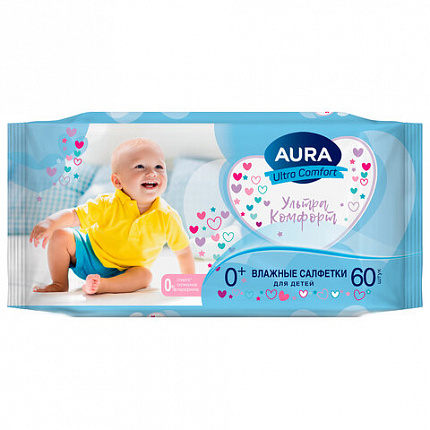 Салфетки влажные 60 шт., для детей, AURA "Ultra Comfort", без спирта, 8106