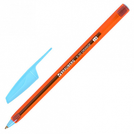 Ручка шариковая BRAUBERG X-30 ORANGE, СИНЯЯ, мягкое письмо, пишущий узел 1 мм, линия письма 0,5 мм, 144333