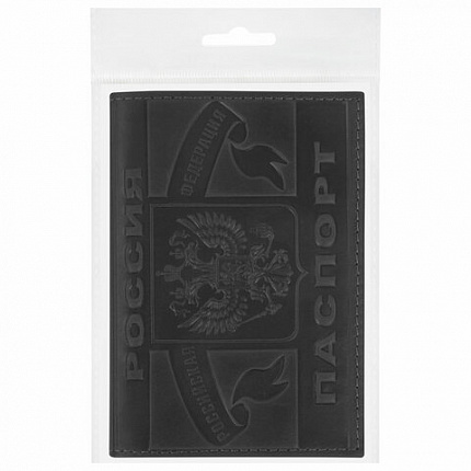 Обложка для паспорта натуральная кожа краст, герб РФ + "ПАСПОРТ РОССИЯ", черная, BRAUBERG, 238209