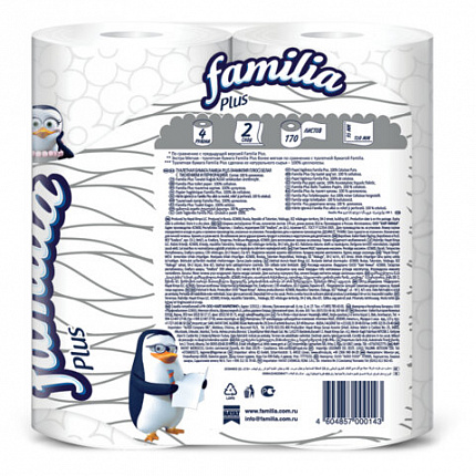 Бумага туалетная быт., спайка 4 шт., 2-слойная (4х20,4 м), FAMILIA PLUS, белая, ш/к 0, 5080758