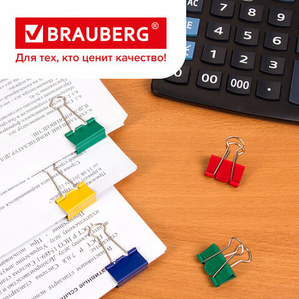 Зажимы для бумаг BRAUBERG, КОМПЛЕКТ 12 шт., 25 мм, на 100 листов, цветные, картонная коробка, 224471