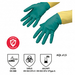 Перчатки МНОГОРАЗОВЫЕ латексные VILEDA, х/б напыление, СВЕРХПРОЧНЫЕ (неопрен), размер 9,5-10, XL (оч большой), зелено-желтые, 130 г, 174309