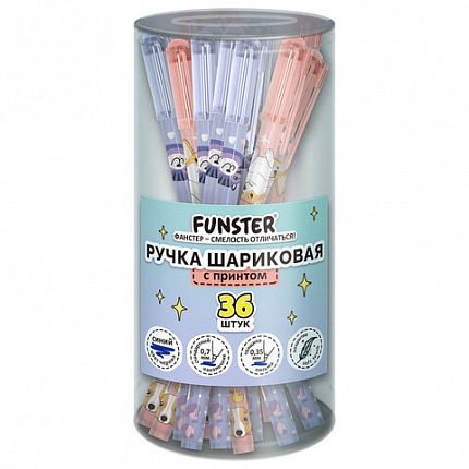 Ручка шариковая с принтом FUNSTER STICK "CUTE ANIMALS", СИНЯЯ, SOFT TOUCH покрытие, узел 0,7 мм, линия письма 0,35 мм, 144387