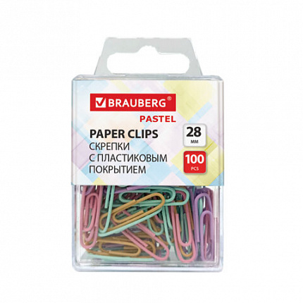 Скрепки BRAUBERG PASTEL 28 мм пастельные цвета, 100 штук, в пластиковой коробке, 27хх
