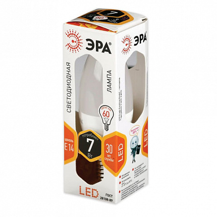 Лампа светодиодная ЭРА, 7 (60) Вт, цоколь E14, "свеча", теплый белый свет, 30000 ч., LED smdB35-7w-827-E14