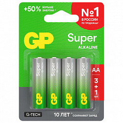 Батарейки КОМПЛЕКТ 4 шт., GP Super G-Tech, AA (LR6,15А), алкалиновые, пальчиковые, ПРОМО 3+1, 15A3/1-2CR4
