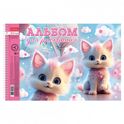 Альбом для рисования А4 40 л., спираль, металлизация + выборочный лак, HATBER, 198х300 мм, "Котики-зефирки" (4 вида), 085245, 40А4мтлВсп
