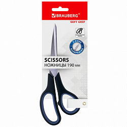Ножницы BRAUBERG "Soft Grip", 190 мм, черно-синие, резиновые вставки, 3-сторонняя заточка, 230762