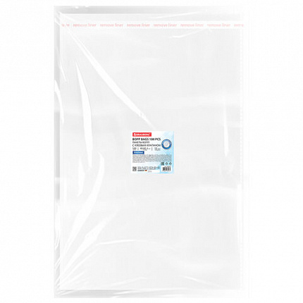 Пакеты БОПП с клеевым клапаном КОМПЛЕКТ 100 штук, 40х60 + 4 см, 53 мкм, с усиленным швом, BRAUBERG, 700420