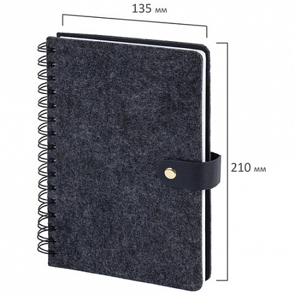 Ежедневник недатированный А5 135х210мм BRAUBERG "Felt" на гребне, войлок, кнопка 160л, черный, 117132