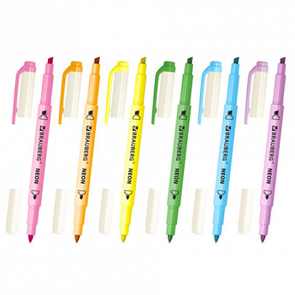 Набор текстовыделителей двусторонних 6 НЕОНОВЫХ ЦВЕТОВ, BRAUBERG "TWIN NEON", линия 1-5 мм, 152517