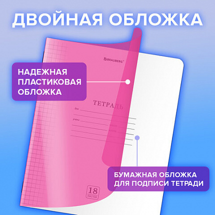 Тетрадь пластиковая обложка (НЕОН) 18 листов, клетка, BRAUBERG "Smart Cover", АССОРТИ (микс в спайке), 405032
