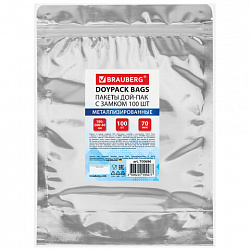 Пакеты дой-пак с замком ZIP LOCK, металлизированная + прозрачная стенка, 180х260 + 40 мм, КОМПЛЕКТ 100 штук, 70 мкм, BRAUBERG, 700686