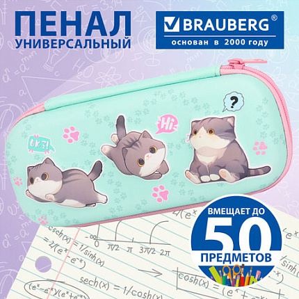 Пенал BRAUBERG, 1 отделение, 1 откидная планка, EVA, 22х10х5 см, "Милые коты", 274604