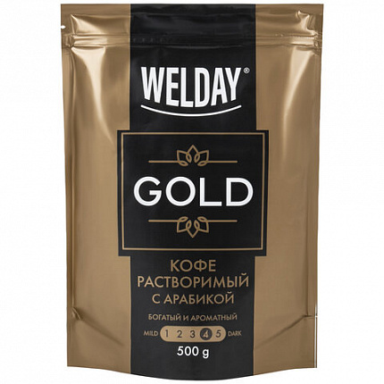 Кофе растворимый WELDAY (ВЭЛДЭЙ) "GOLD" 500 г, БРАЗИЛИЯ, арабика, сублимированный, в упаковке Zip-Lock, 622673