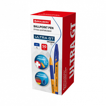 Ручка шариковая с грипом BRAUBERG "ULTRA GT ORANGE", СИНЯЯ, узел 0,7 мм, чернила ГЕРМАНИЯ, наконечник ШВЕЙЦАРИЯ, 144052