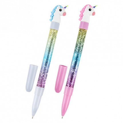 Ручка с топпером и блестками шариковая ЮНЛАНДИЯ "Единорог", детали ассорти, СИНЯЯ, пишущий узел 0,7 мм, 143791