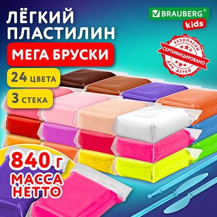 Пластилин супер лёгкий воздушный застывающий БОЛЬШИЕ БРУСОЧКИ 24 цвета, 840г, 3 стека, BRAUBERG KIDS, 107513