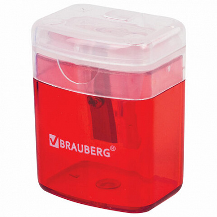 Точилка BRAUBERG "OfficeBox", с контейнером и крышкой, прямоугольная, в упаковке с подвесом, ассорти, 222494
