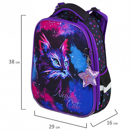 Ранец BRAUBERG PREMIUM, 2 отделения, с брелоком, "Neon cat", 38х29х16 см, 271352