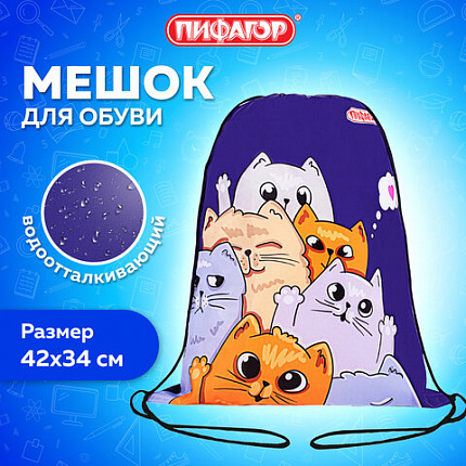 Мешок для обуви ПИФАГОР, 1 отделение, 42х34 см, "Кошачий привет", 272382
