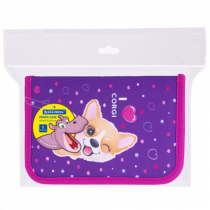 Пенал BRAUBERG, 1 отделение, полиэстер, 21х14 см, "I love corgi", 271530