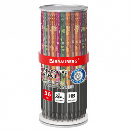 Карандаш чернографитный BRAUBERG "JUICY FRUIT", 1 шт, HB, с ластиком, корпус ассорти, 182017