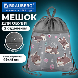 Мешок для обуви BRAUBERG БОЛЬШОЙ, с ручкой, карман на молнии, сетка, 49х41 см, "Милые коты", 274637