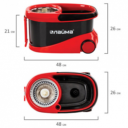 Швабра с отжимом и ведром 19л/9л на колесах и ручкой для перевозки, отжим центрифуга, 2 круглые насадки, черно-красный, LAIMA, 606303, M029B