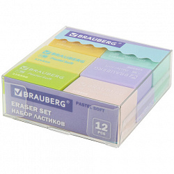 Ластики BRAUBERG "Pastel Soft" НАБОР 12 шт., размер ластика 31х20х10 мм, экологичный ПВХ, 229598