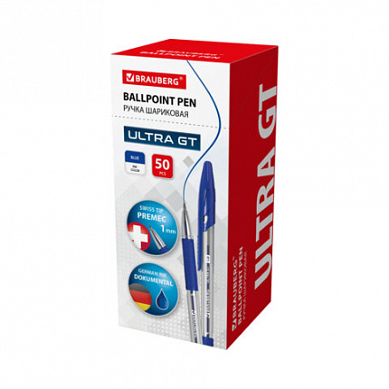 Ручка шариковая с грипом BRAUBERG "ULTRA GT", СИНЯЯ, узел 1 мм, чернила ГЕРМАНИЯ, наконечник ШВЕЙЦАРИЯ, 144051