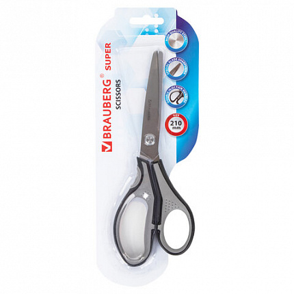 Ножницы BRAUBERG "SUPER", 210 мм, серо-черные, 2-х сторонняя заточка, эргономичные ручки, 237296
