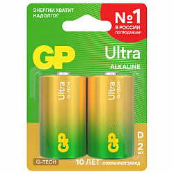 Батарейки КОМПЛЕКТ 2 шт., GP Ultra G-Tech, D (LR20, 13А), алкалиновые, блистер, 13AU-CR2