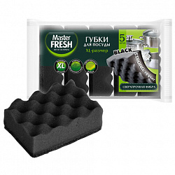 Губки для посуды 9,5х6,5 см XL STRONG effect, КОМПЛЕКТ 5 шт., черные, MASTER FRESH