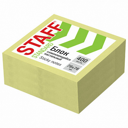 Блок самоклеящийся (стикеры) STAFF STANDARD, ПАСТЕЛЬНЫЙ 76х76 мм, желтый, 400 листов, 116586