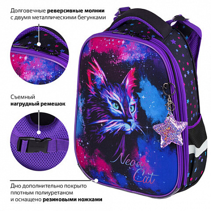 Ранец BRAUBERG PREMIUM, 2 отделения, с брелоком, "Neon cat", 38х29х16 см, 271352
