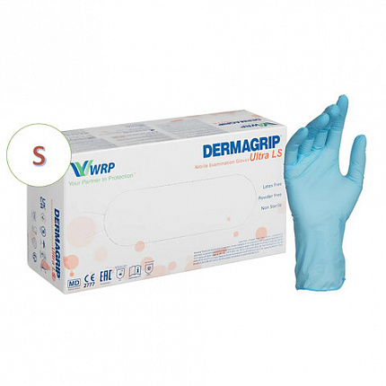 Перчатки нитриловые смотровые, 100 пар (200 штук), повышенная чувствительность, размер 6-7, S (малый), DERMAGRIP Ultra, D1101-27