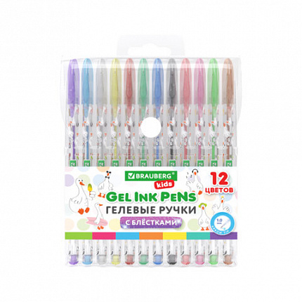 Ручки гелевые С БЛЕСТКАМИ BRAUBERG KIDS "CUTE ANIMALS", НАБОР 12 ЦВЕТОВ, корпус с печатью, узел 1 мм, линия письма 0,7 мм, 144446