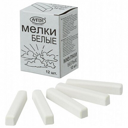 Мел белый квадратный 12 штук, АЛГЕМ, картонная упаковка, НМБ-12