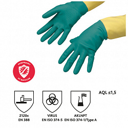 Перчатки VILEDA PROFESSIONAL латекс-неопреновые МНОГОРАЗОВЫЕ х/б напыление, СВЕРХПРОЧНЫЕ, размер L (большой), зеленые/желтые, 174307