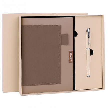 Ежедневник в наборе с ручкой А5, 144x210 мм, BRAUBERG "Style" под кожу, 160 листов, бежевый, 116861