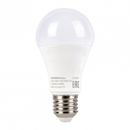 Лампа светодиодная SONNEN EXTRA, 15 (130) Вт, Е27, груша, нейтральный белый, 30000 ч, LED A60-15W-4000-Е27, 457897