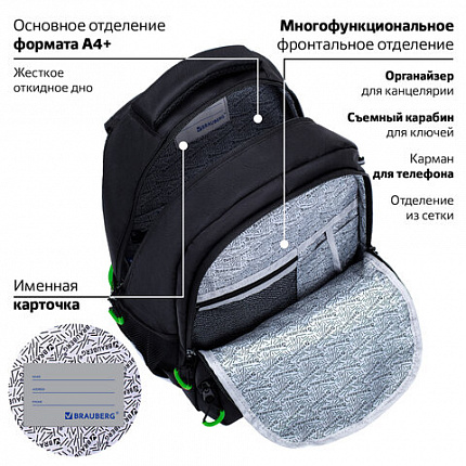 Рюкзак BRAUBERG FORCE, 2 отделения, 5 карманов, "Neon green", 39х28х17 см, 273153