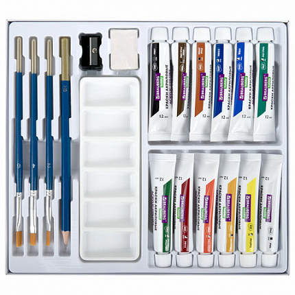 Краски акриловые художественные 12 цветов в тубах по 12 мл, кисти 3 шт., палитра, аксессуары, 19 предметов, BRAUBERG HOBBY, 192543